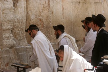 Jewish men pray at the western wall in Jerusalem