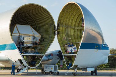 USA, Florida: The Super Guppy transport plane opens up to show the Orion space craft, at Kennedy Space Center on February 1, 2016.