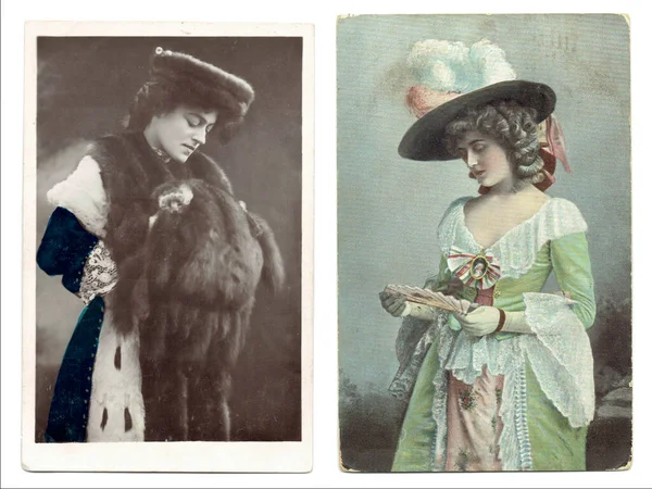 Scan Photo Antique Postcards Ladies — Stock Photo, Image