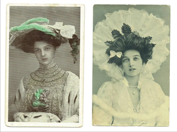 Szkennelés Fotó Antik Képeslapok Hölgyekkel — Stock Fotó