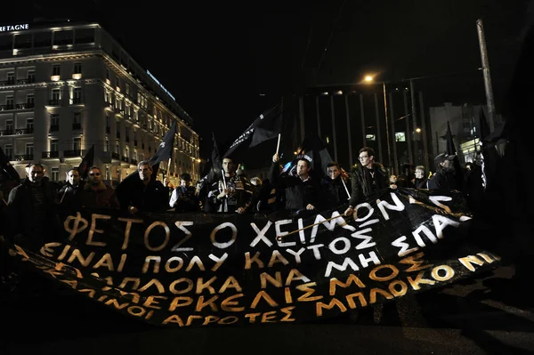 Grekland Aten Arga Grekiska Bönder Paraderar Sina Traktorer Och Hämtningar — Stockfoto