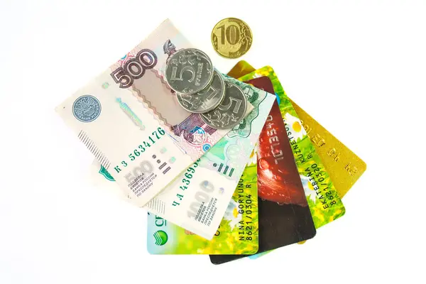 Russisches Geld Und Kreditkarten — Stockfoto