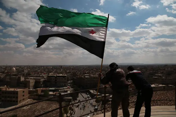 Syria Saqba Protesters Hold Pre Baath Syrian Flags Adopted Uprising — Stock Photo, Image