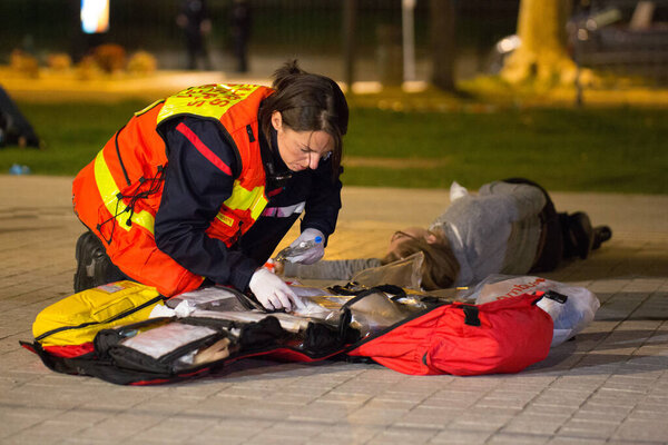 FRANCE, Toulouse: Civilians, medical staff, firemen and rescuers take part in a simulation exercise of terrorist attack at the Toulouse stadium on April 14, 2016 as part of the Euro 2016.