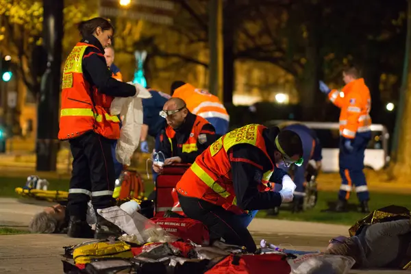 France Toulouse Civilians Medical Staff Firemen Rescuers Take Part Simulation — Stock Photo, Image