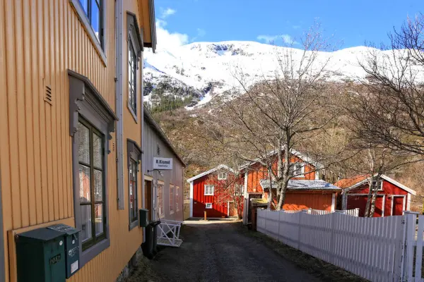 Sjogata Mosjoen Consists Northern Norway Longest Row Wooden Houses Piers — Stock Photo, Image