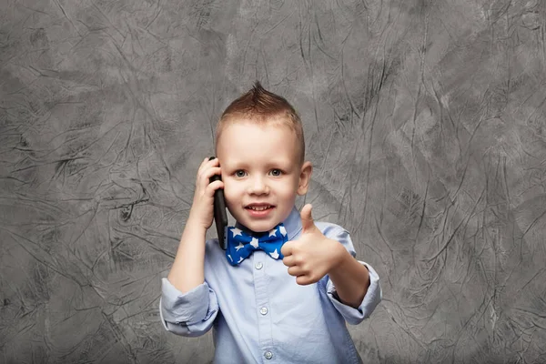 Portrait Cute Little Boy Blue Shirt Bow Tie Mobile — Stock Photo, Image