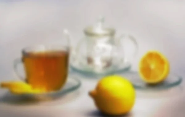 Tasse Thé Avec Citron Nature Morte Floue Petit Déjeuner — Photo
