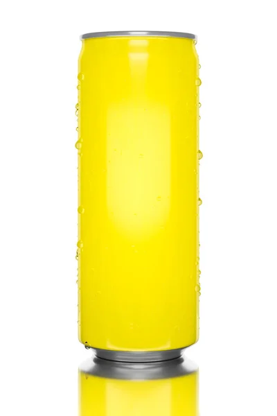 Lata Bebida Energia Amarela Típica Fundo Branco — Fotografia de Stock