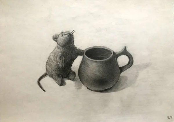 Mouse with cup, academic drawing concept illustration