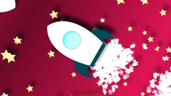 Animation of flying cartoon rocket with view from cosmos
