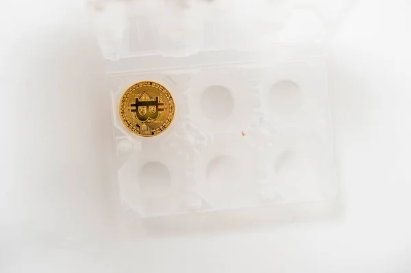 卵ホルダー内のビットコイン電子コイン 白い背景 — ストック写真