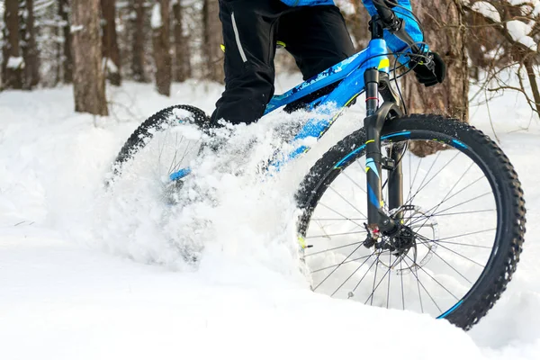 在美丽的冬季森林里骑自行车骑自行车的骑自行车的人 极限运动和内杜罗自行车概念 — 图库照片