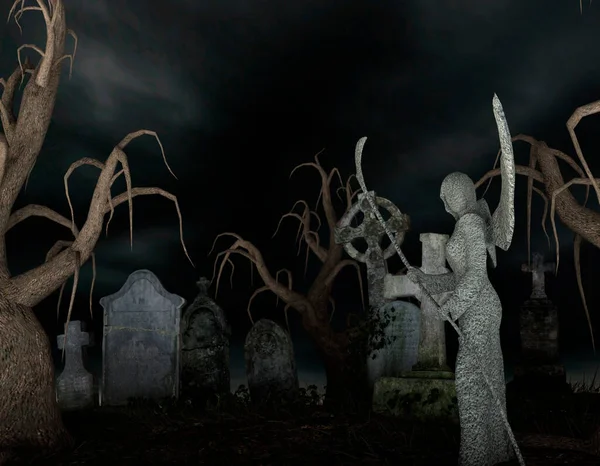 Ürkütücü Bir Mezarlıkta Ölüm Meleği — Stok fotoğraf