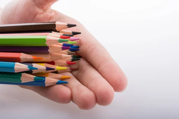 Hand Hält Bleistifte Auf Weißem Hintergrund — Stockfoto
