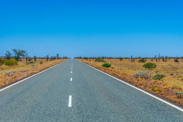 Длинная Пустая Дорога Австралии Ведущая Через Саванну Горизонту — стоковое фото