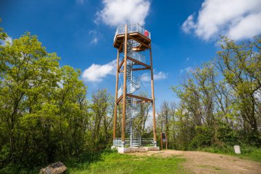 Gözetleme kulesinin sarmal merdiveni, metal basamaklı ahşap yapı. Gözetleme kulesi, manzaranın izlenebileceği bir yer. Bedrichova vyhlidka - Çek Cumhuriyeti.