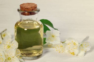 philadelphus çiçekleri bir yerde yasemin veya sahte portakal ve beyaz ahşap bir masa üzerinde yağ şişesi denir