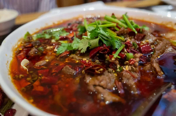 Sze Chuan Πικάντικο Ζεστό Pot Βοείου Κρέατος Πιάτο — Φωτογραφία Αρχείου