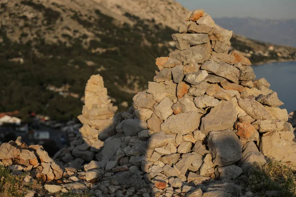 Hand Made Pile Stones Mountains Sunset — Stock Photo, Image
