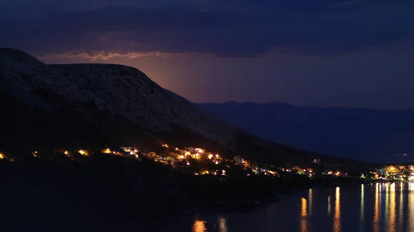 Night View Moon Light City Shore Adriatic Sea Rocky Hill — Foto Stock
