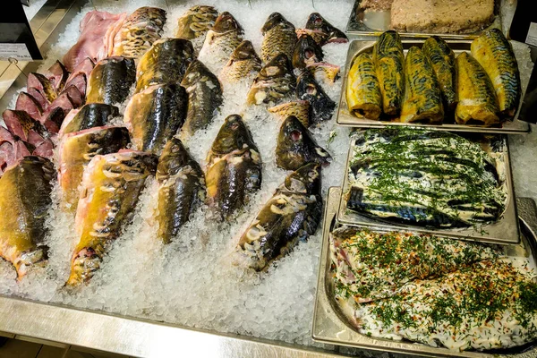 Fish Showcase Assortment Fresh Fish Store — Stock Photo, Image