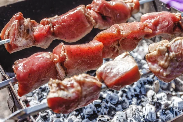 Espetos Carne Para Kebabs Grelhados Grelha Rua — Fotografia de Stock