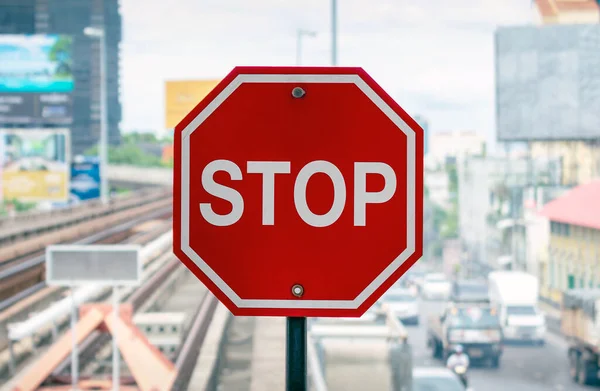 Red Octagonal Stop Sign Skytrain Platform — Stock Photo, Image