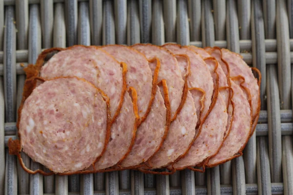 Dutch Grilled Sausage Grillworst Wooden Table Background — Stock Photo, Image