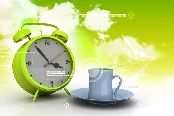 Relógio Despertador Com Xícara Chá — Fotografia de Stock