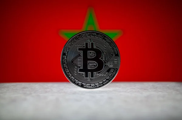 Versión Física Plata Bitcoin Btc Bandera Marruecos —  Fotos de Stock