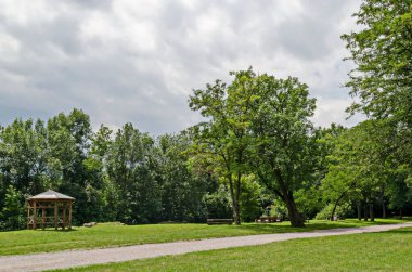 Tahta tezgah, oyuk ve masa ormanda bir çayır üzerinde eski Batı parkında