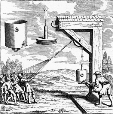 Guericke atmosfer basıncı üzerinde deneyler yapıyor. Havanın basıncı, eski model oymalar.