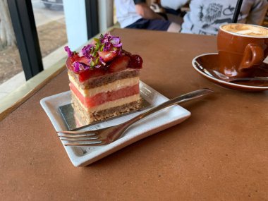 Strawberry and watermelon layer cake with cappuccino