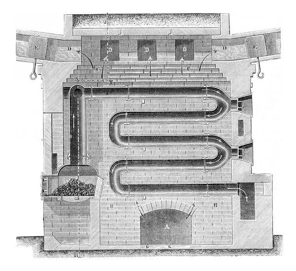 水平循環炉の縦断面 ヴィンテージ彫刻 — ストック写真