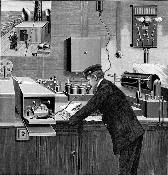 Telegrafní Stanice Palubě Lodi Pro Bezdrátovou Telegrafii Archivní Gravírování — Stock fotografie