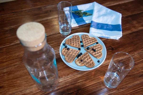 Empty Bottle Two Glasses Wafers Plate — Stock Photo, Image