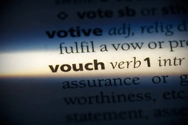 Vouch Word Gemarkeerd Woordenboek Close View — Stockfoto