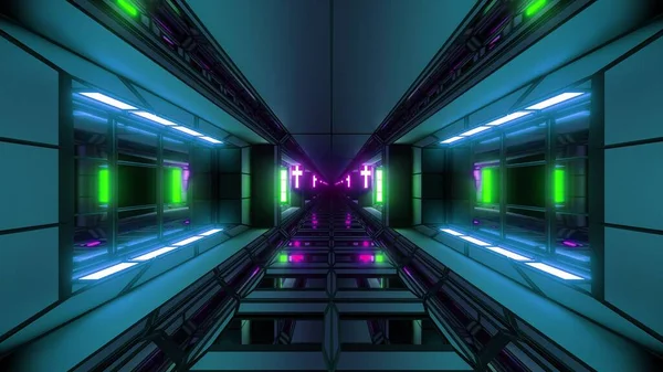 futuristic sci-fi space tunnel corridor with glowing lights, 3d illustration background wallpaper