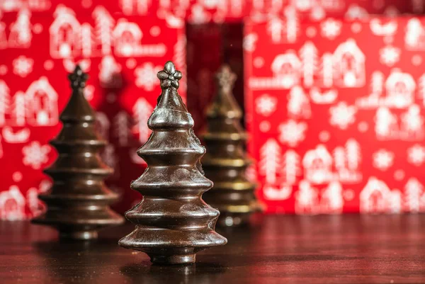 Choklad Julgranar Vackra Festliga Julkort — Stockfoto