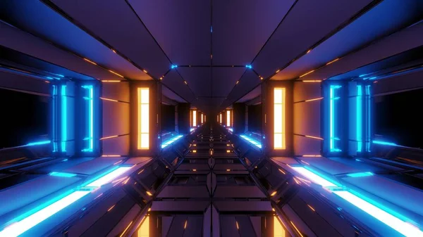Futuristic sci-fi space tunnel corridor with glowing lights, 3d illustration wallpaper background