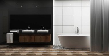 Beyaz fayans ve gri parlak duvarlı banyo içi beyaz küvetli.
