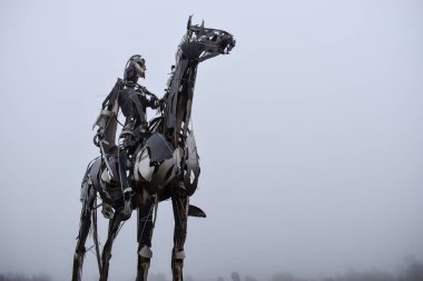 İrlanda 'nın Roscommon ilçesinde Boyle yakınlarında sis varken Gaelic Chieftain Sculpture kahramanca görünüyor.