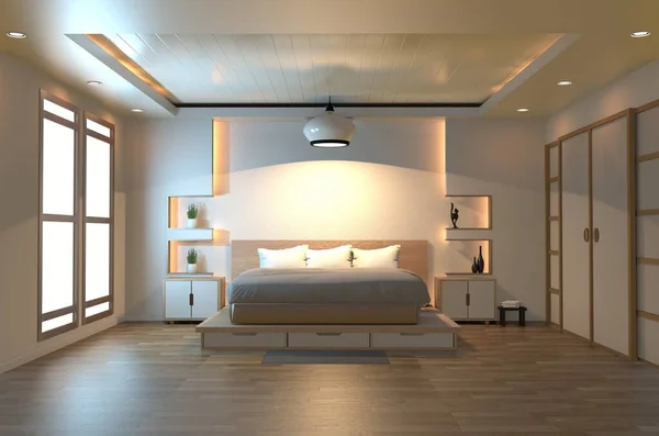 现代禅宗和平卧室 日本风格的带有架子墙的卧房 3D插图 — 图库照片