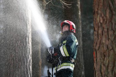İtfaiyeci. Orman yangınlarını söndürün. Ateşe karşı mücadele