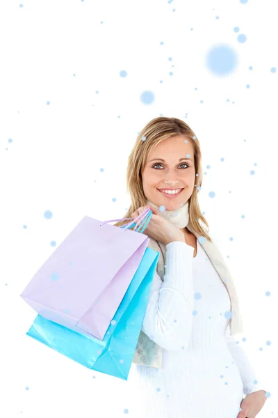 Composite Image Handsome Woman Holding Shopping Bags White Background — Stockfoto