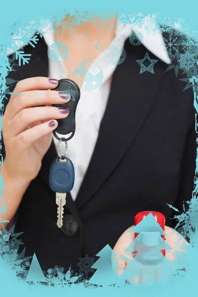 Composite Image Woman Holding Key Small Car Her Palm — Photo