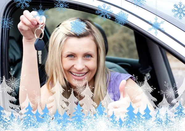 Charming Female Driver Showing Key Bying New Car — Stock Photo, Image