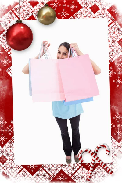 Composite Image Portrait Joyful Woman Showing Shopping Bags — Stockfoto