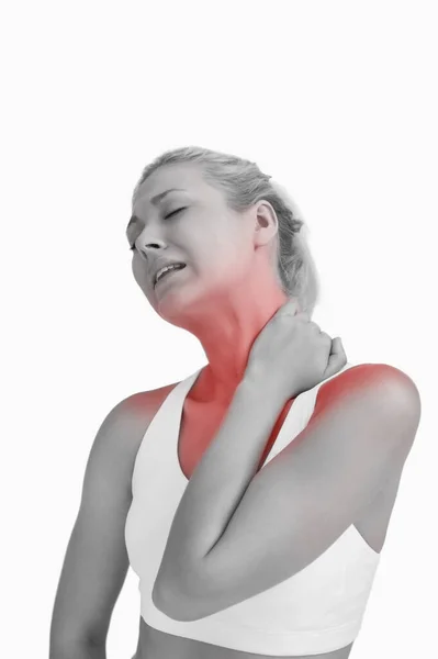 年轻女子颈部严重疼痛 — 图库照片